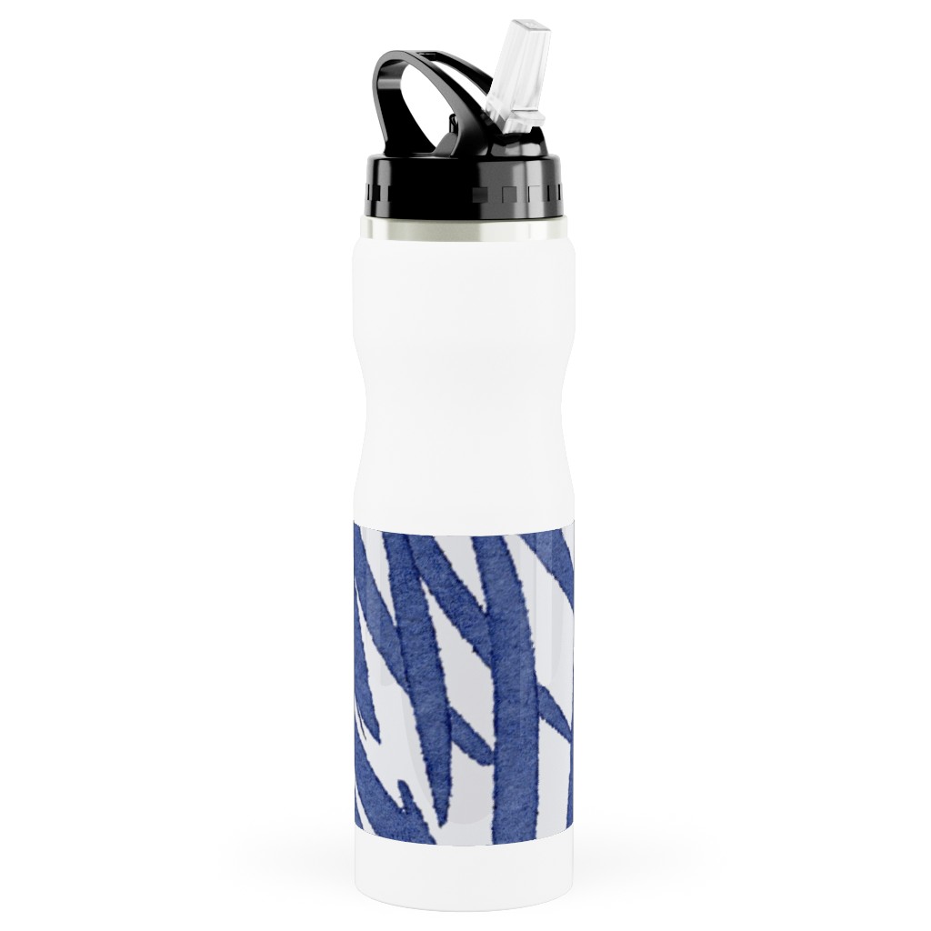 Watercolor Fronds - Cobalt Stainless Steel Water Bottle with Straw, 25oz, With Straw, Blue, True Blue