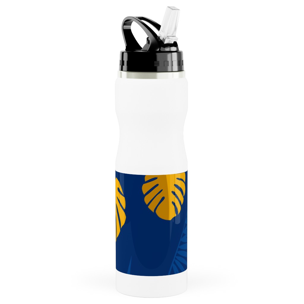 Tropical Leaves - Blue Stainless Steel Water Bottle with Straw, 25oz, With Straw, Blue, True Blue