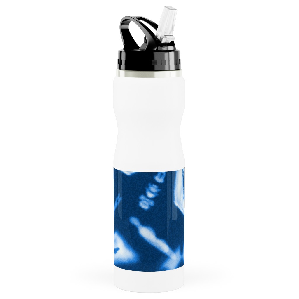 Shibori Flowers Stainless Steel Water Bottle with Straw, 25oz, With Straw, Blue, True Blue