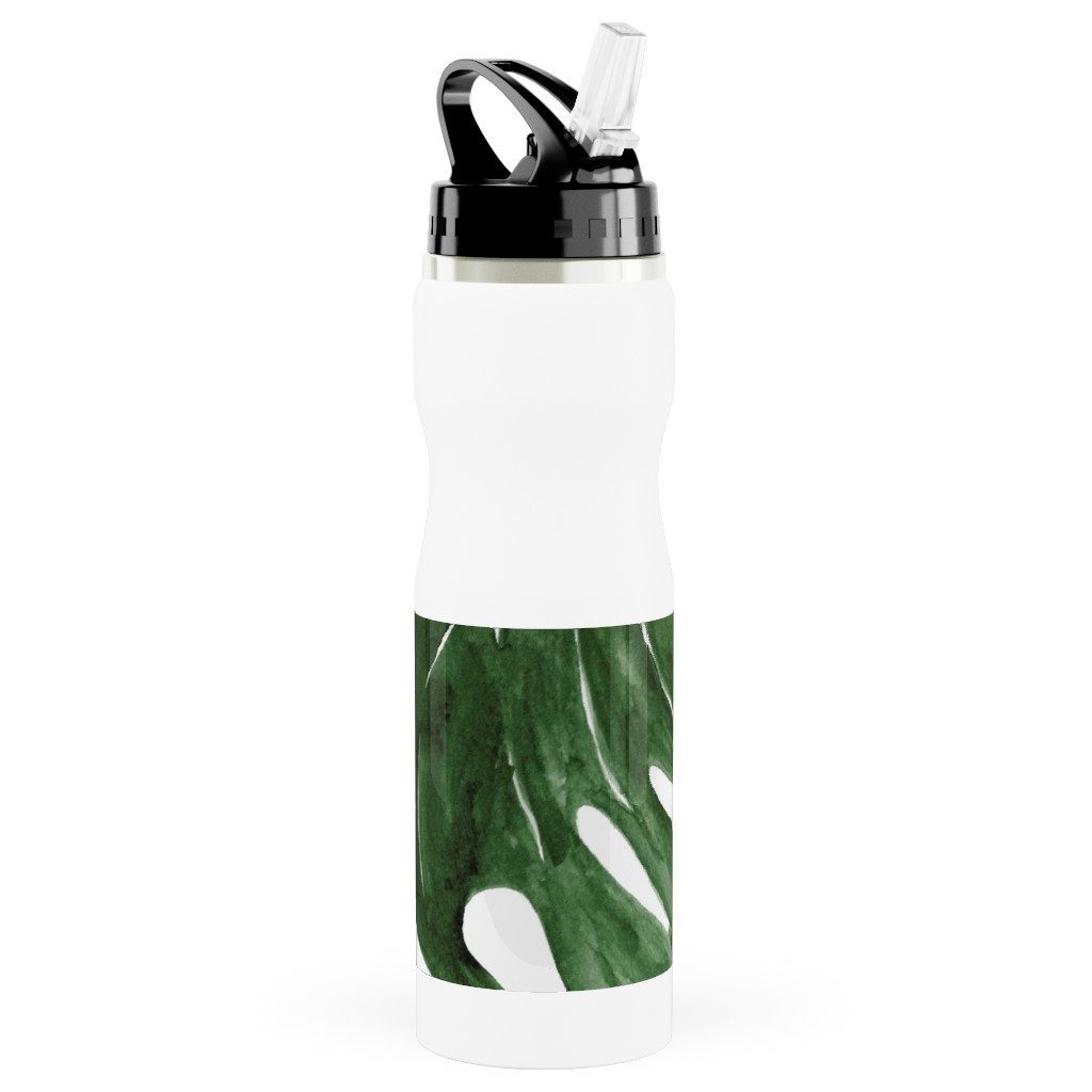 Monstera Tropical Leaves - Green Stainless Steel Water Bottle with Straw, 25oz, With Straw, Green