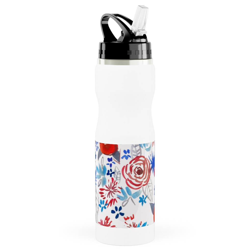 Patriotic Watercolor Floral - Red White and Blue Stainless Steel Water Bottle with Straw, 25oz, With Straw, Multicolor