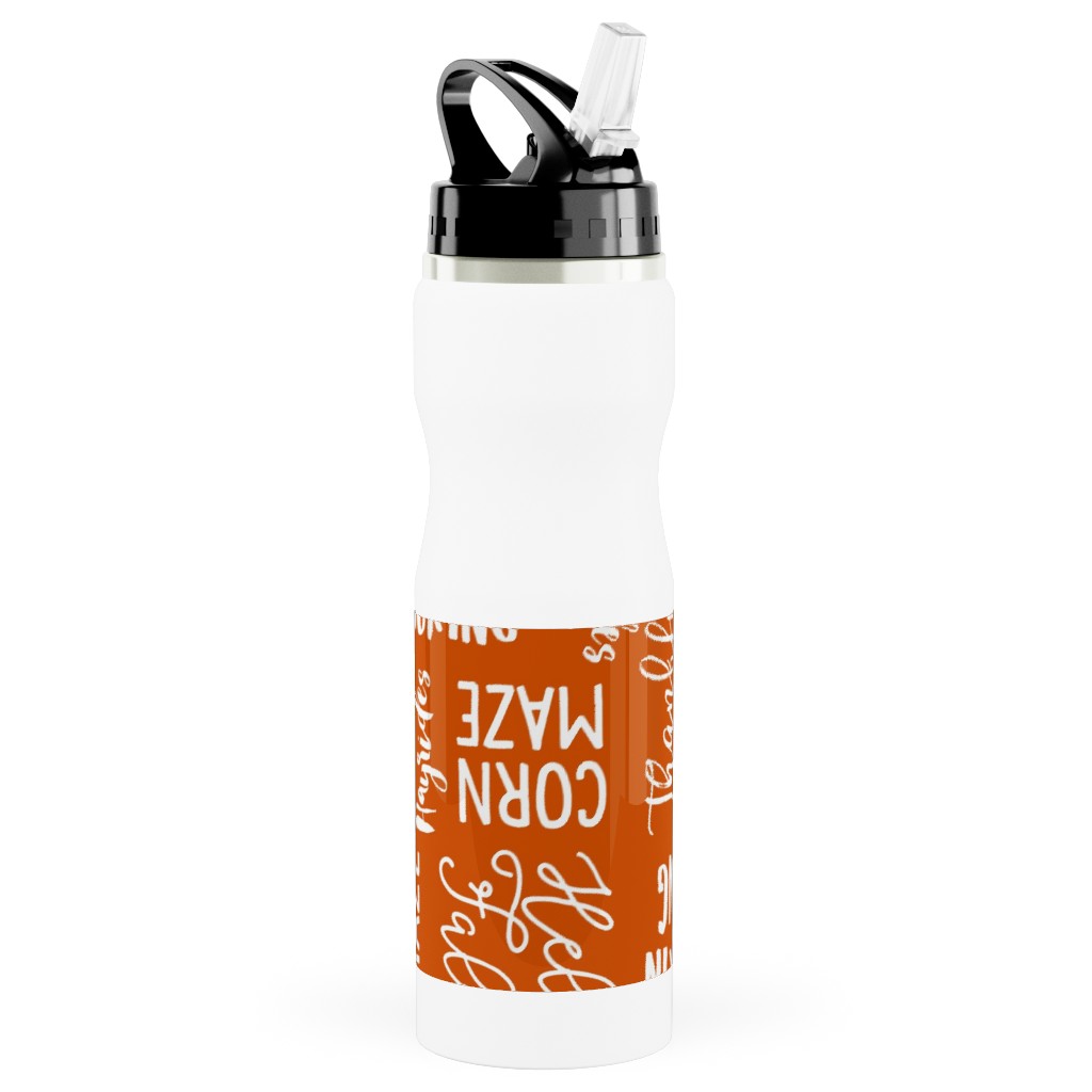 Favorite Things of Fall - Fall Words on Cider Stainless Steel Water Bottle with Straw, 25oz, With Straw, Orange