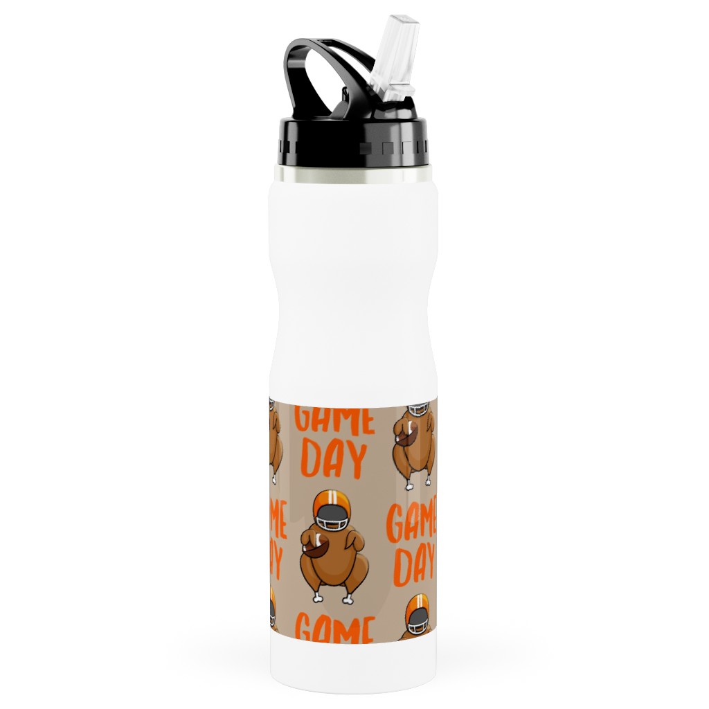 Game Day Turkey With Football - Tan Stainless Steel Water Bottle with Straw, 25oz, With Straw, Beige