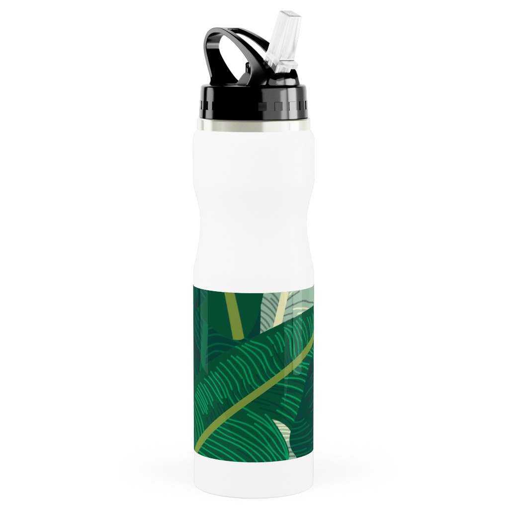 Classic Banana Leaves - Palm Springs Green Stainless Steel Water Bottle with Straw, 25oz, With Straw, Green