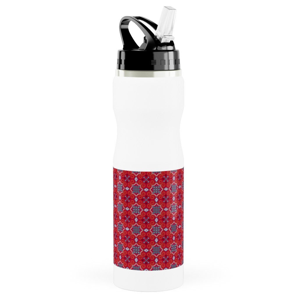 Oriental Ornament - Red Stainless Steel Water Bottle with Straw, 25oz, With Straw, Red