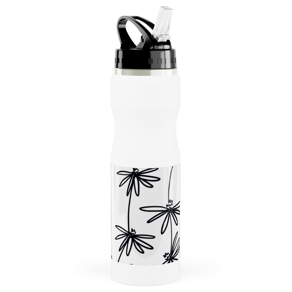 Daisy Chain - Black and White Stainless Steel Water Bottle with Straw, 25oz, With Straw, White