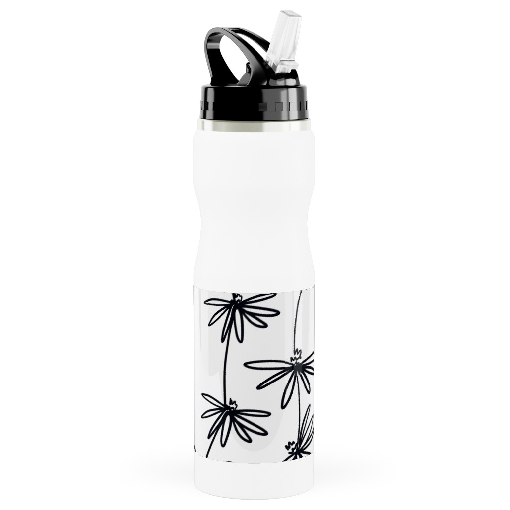 Daisy Chain - Black and White Stainless Steel Water Bottle with Straw, 25oz, With Straw, White, White