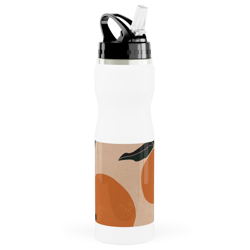 Mid-Century Clementines - Sandy Beige Stainless Steel Water Bottle with Straw, 25oz, With Straw, Orange, Orange