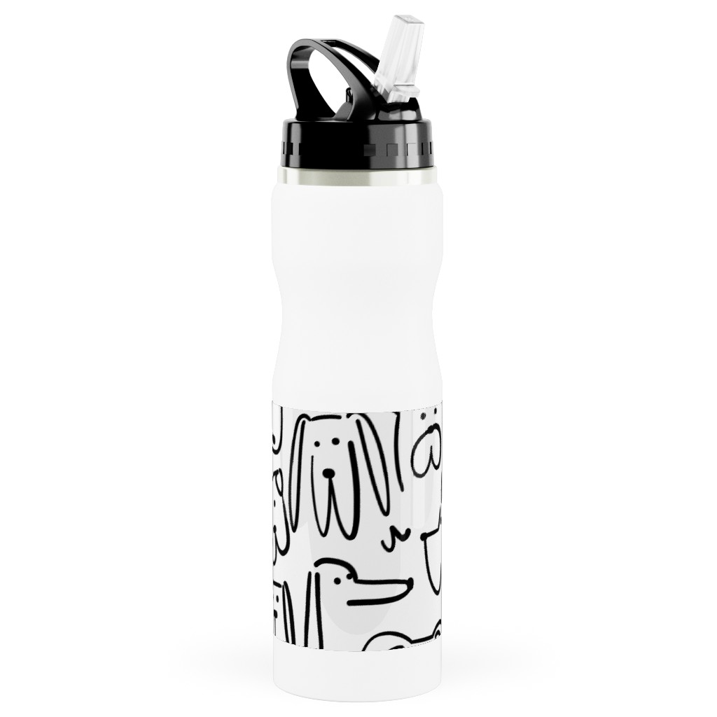 Playful Pups - Black and White Stainless Steel Water Bottle with Straw, 25oz, With Straw, White