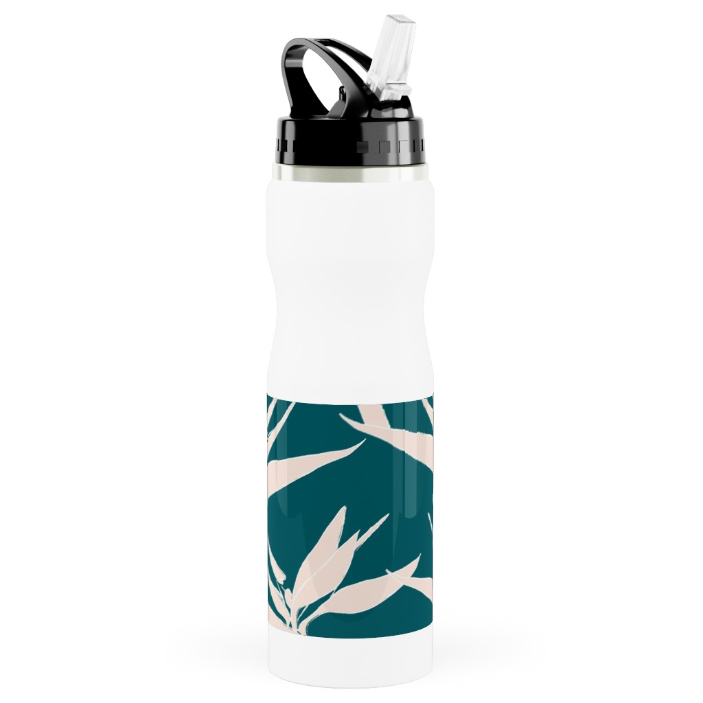 Freehand Birds of Paradies - Forest and Peach Stainless Steel Water Bottle with Straw, 25oz, With Straw, Green, Classic Green