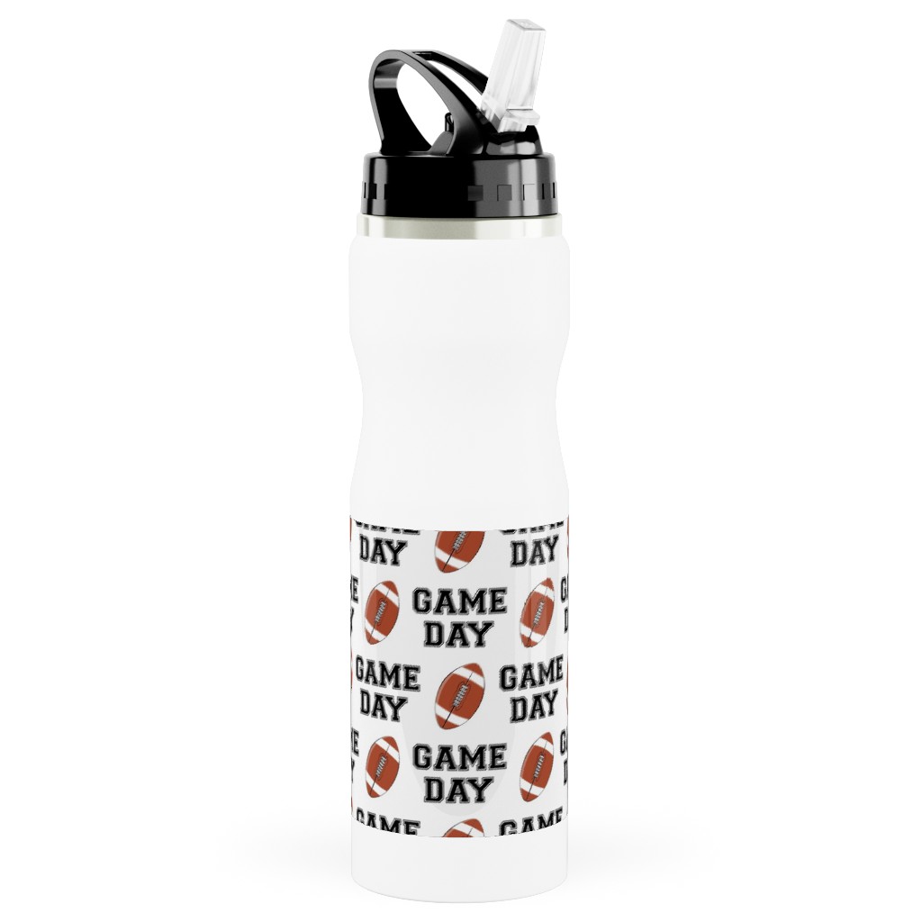 Game Day - College Football - Black and White Stainless Steel Water Bottle with Straw, 25oz, With Straw, Brown