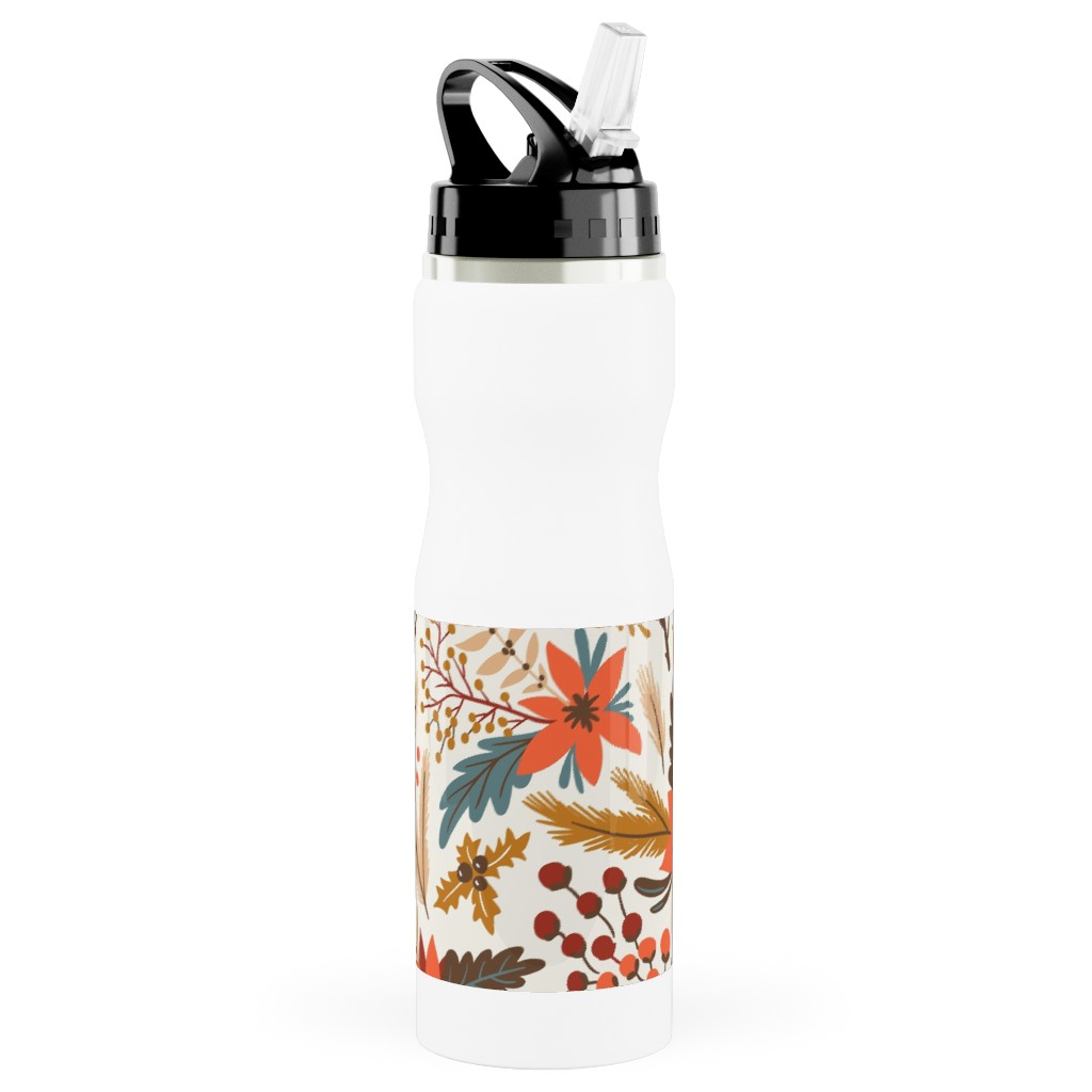 Christmas Flowers - Multi Stainless Steel Water Bottle with Straw, 25oz, With Straw, Multicolor