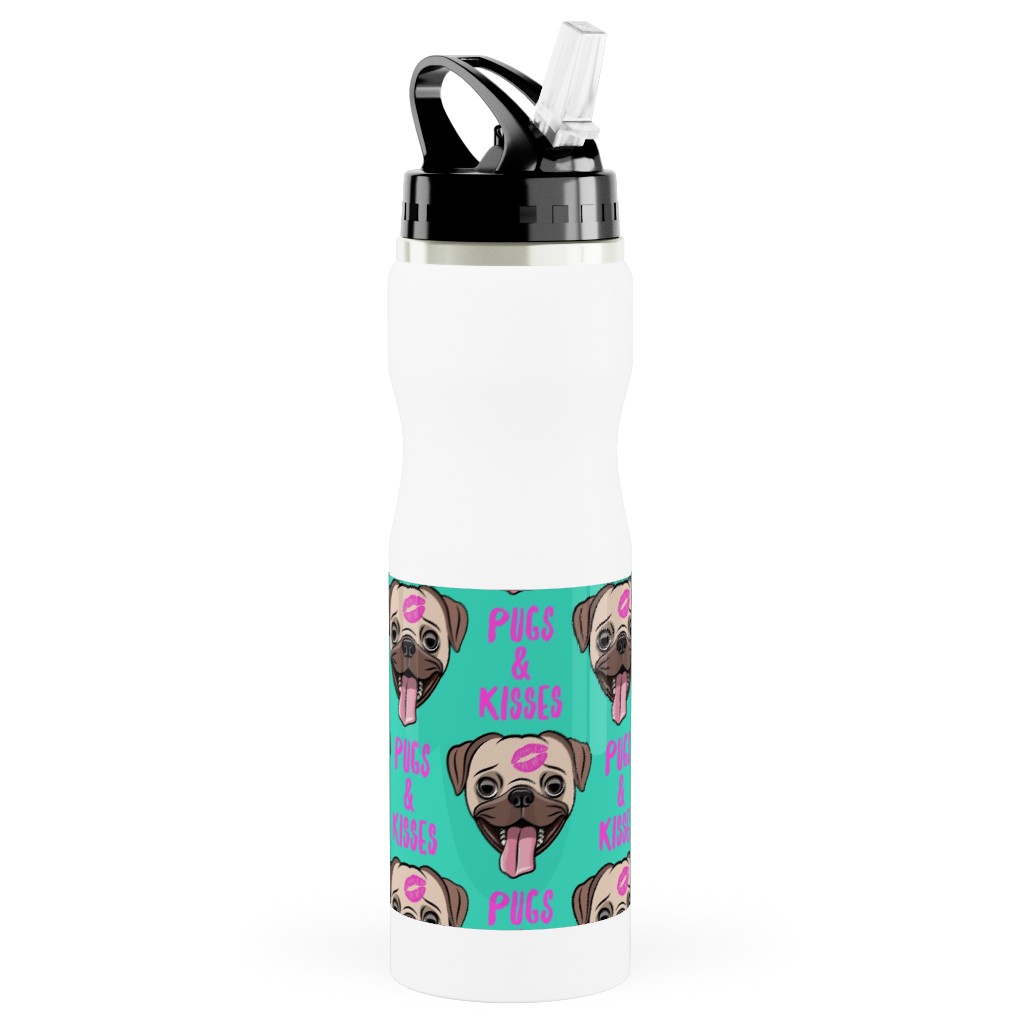 Pugs & Kisses - Cute Pug Dog - Teal Stainless Steel Water Bottle with Straw, 25oz, With Straw, Green