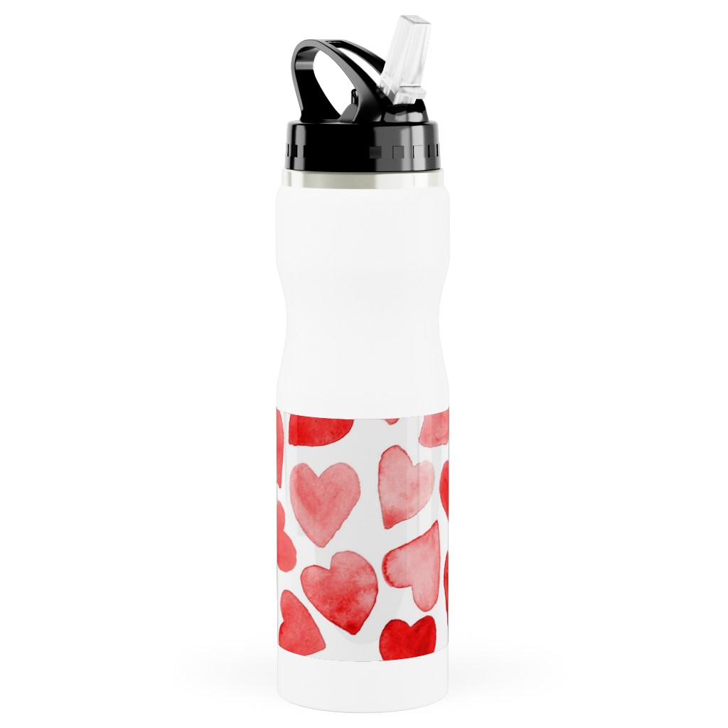 Red Hearts Watercolor - Red Stainless Steel Water Bottle with Straw, 25oz, With Straw, Red