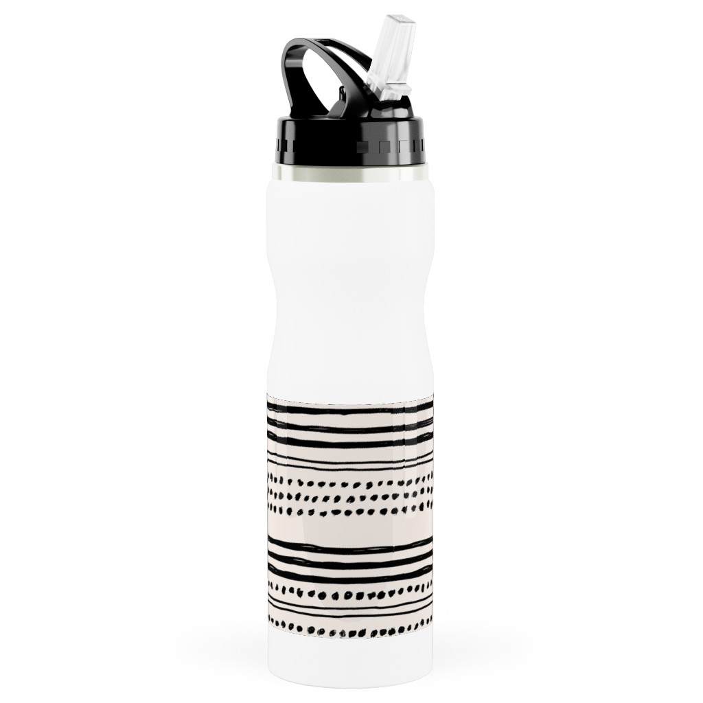 Minimal Mudcloth Stainless Steel Water Bottle with Straw, 25oz, With Straw, Beige, Charcoal