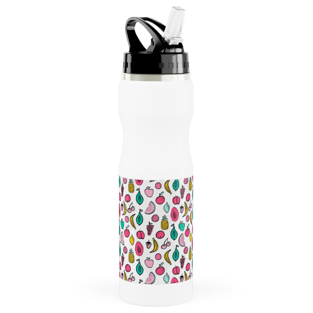 Summer Tropical Fruits - Multi Stainless Steel Water Bottle with Straw, 25oz, With Straw, Multicolor