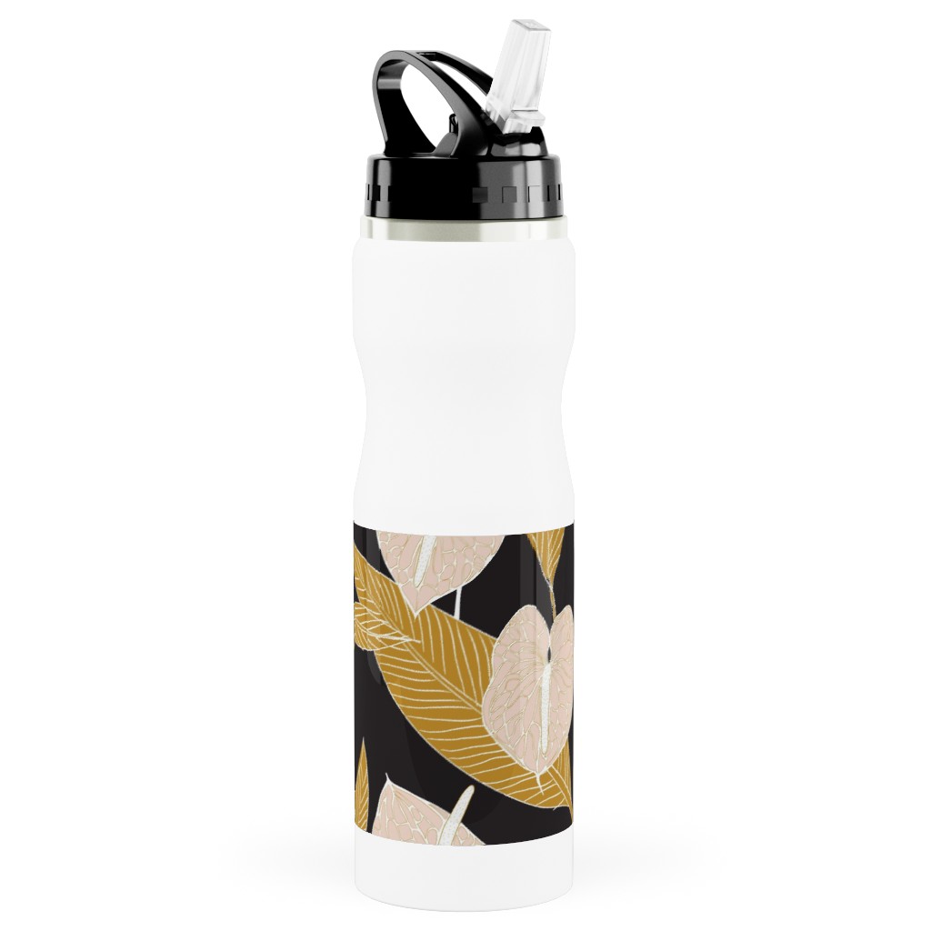 Art Nouveau Anthuriums - Black Mustard and Pale Peach Stainless Steel Water Bottle with Straw, 25oz, With Straw, Multicolor