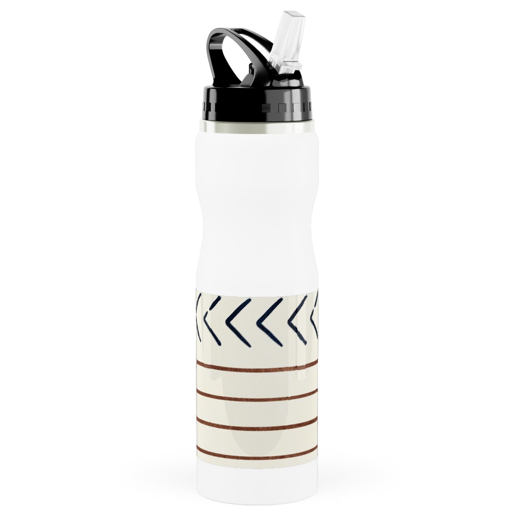 Arrow Stripes Mud Cloth Modern Stainless Steel Water Bottle with Straw, 25oz, With Straw, Beige, Antique White