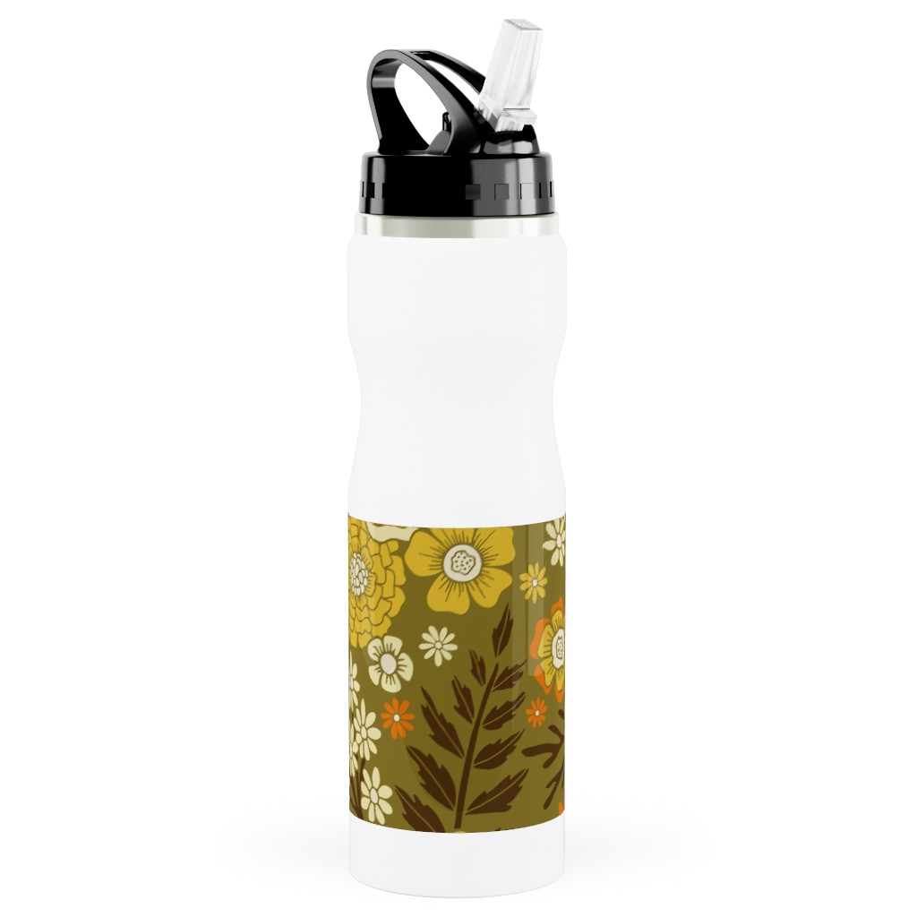 1970s Retro/Vintage Floral - Yellow and Brown Stainless Steel Water Bottle with Straw, 25oz, With Straw, Yellow