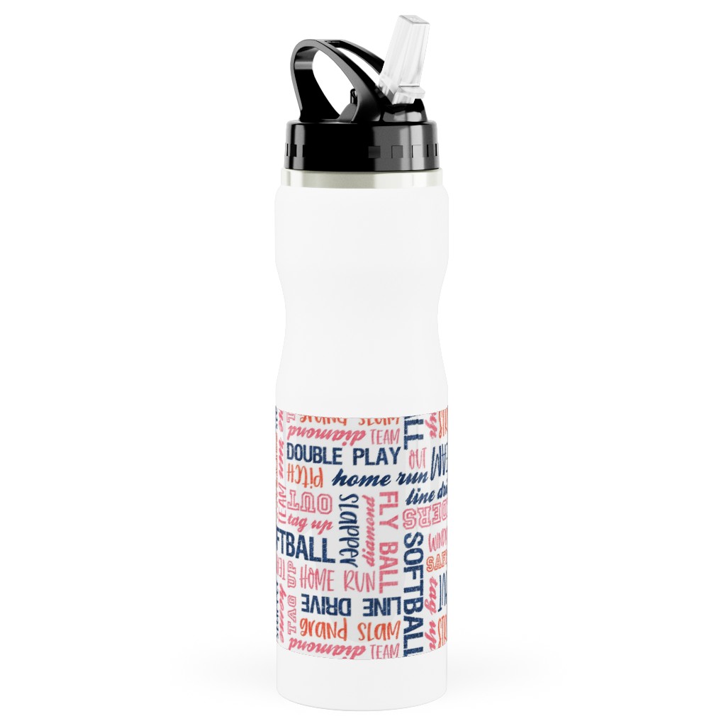 All Things Softball - Softball Typography - Pink Orange Blue Stainless Steel Water Bottle with Straw, 25oz, With Straw, Pink, Bright Pink