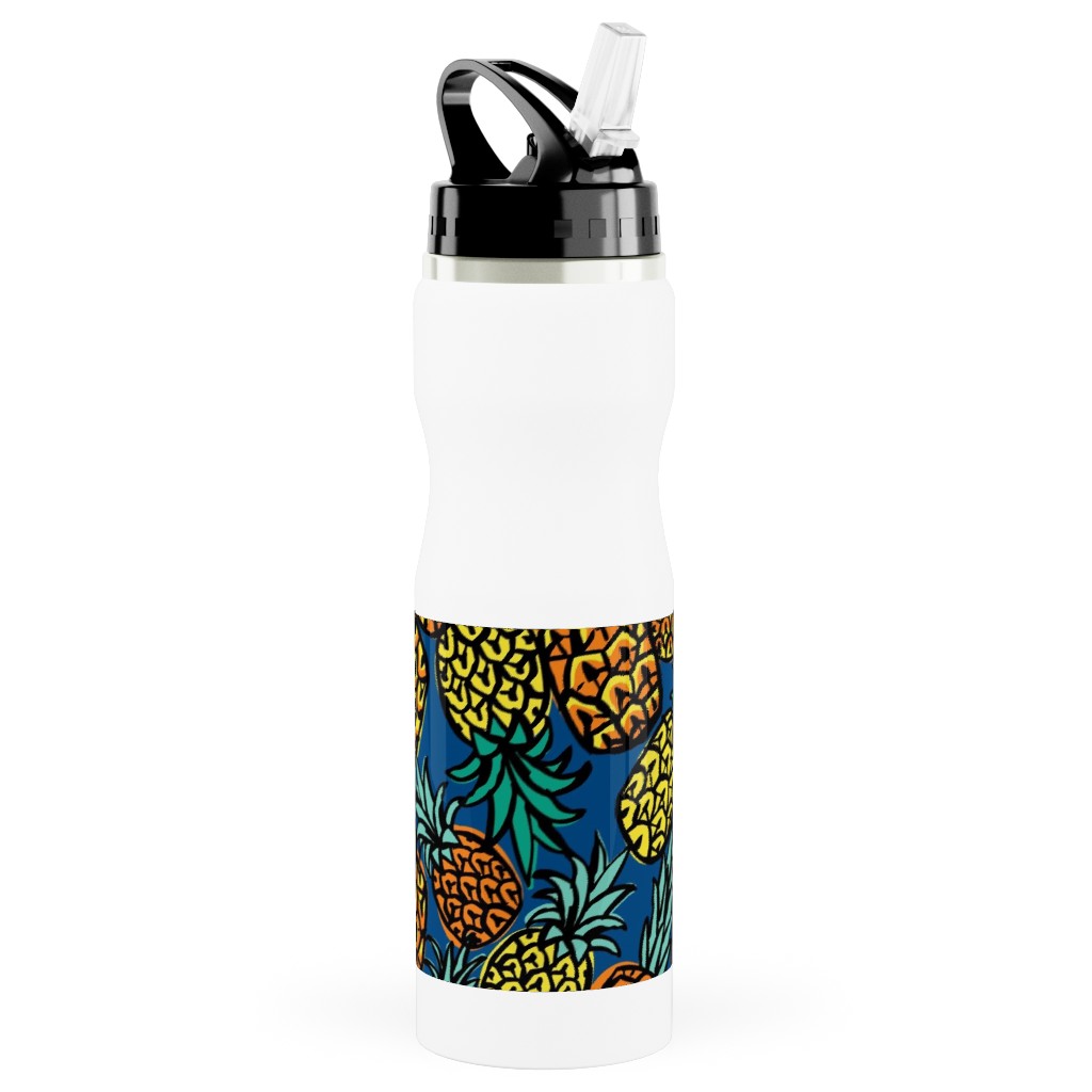 Tropical Pineapple - Blue Stainless Steel Water Bottle with Straw, 25oz, With Straw, Blue