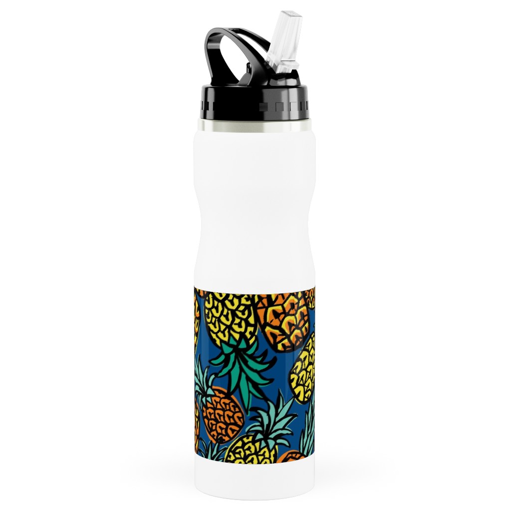 Tropical Pineapple - Blue Stainless Steel Water Bottle with Straw, 25oz, With Straw, Blue, True Blue