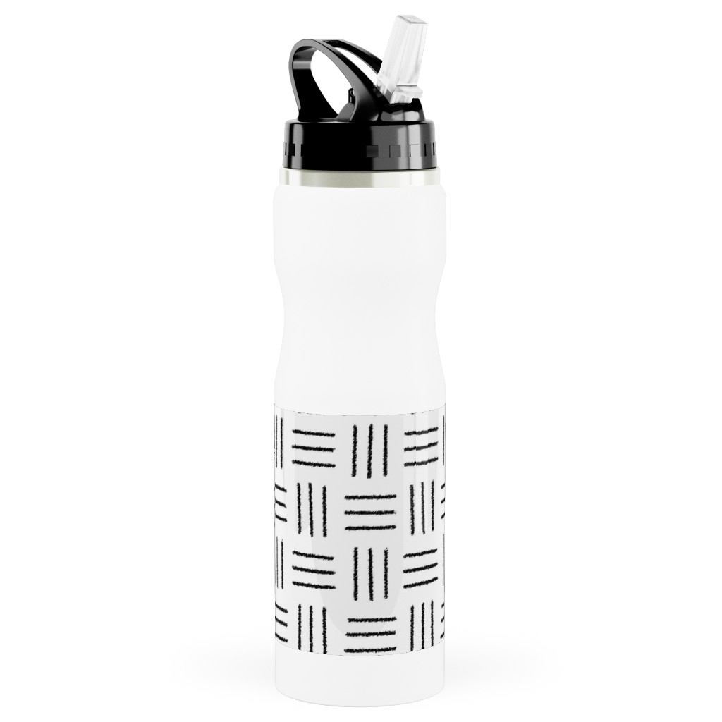 Mudcloth Basket Weave - Black on White Stainless Steel Water Bottle with Straw, 25oz, With Straw, White