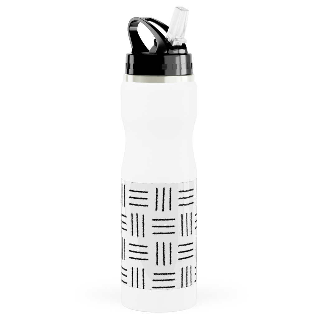 Mudcloth Basket Weave - Black on White Stainless Steel Water Bottle with Straw, 25oz, With Straw, White, White