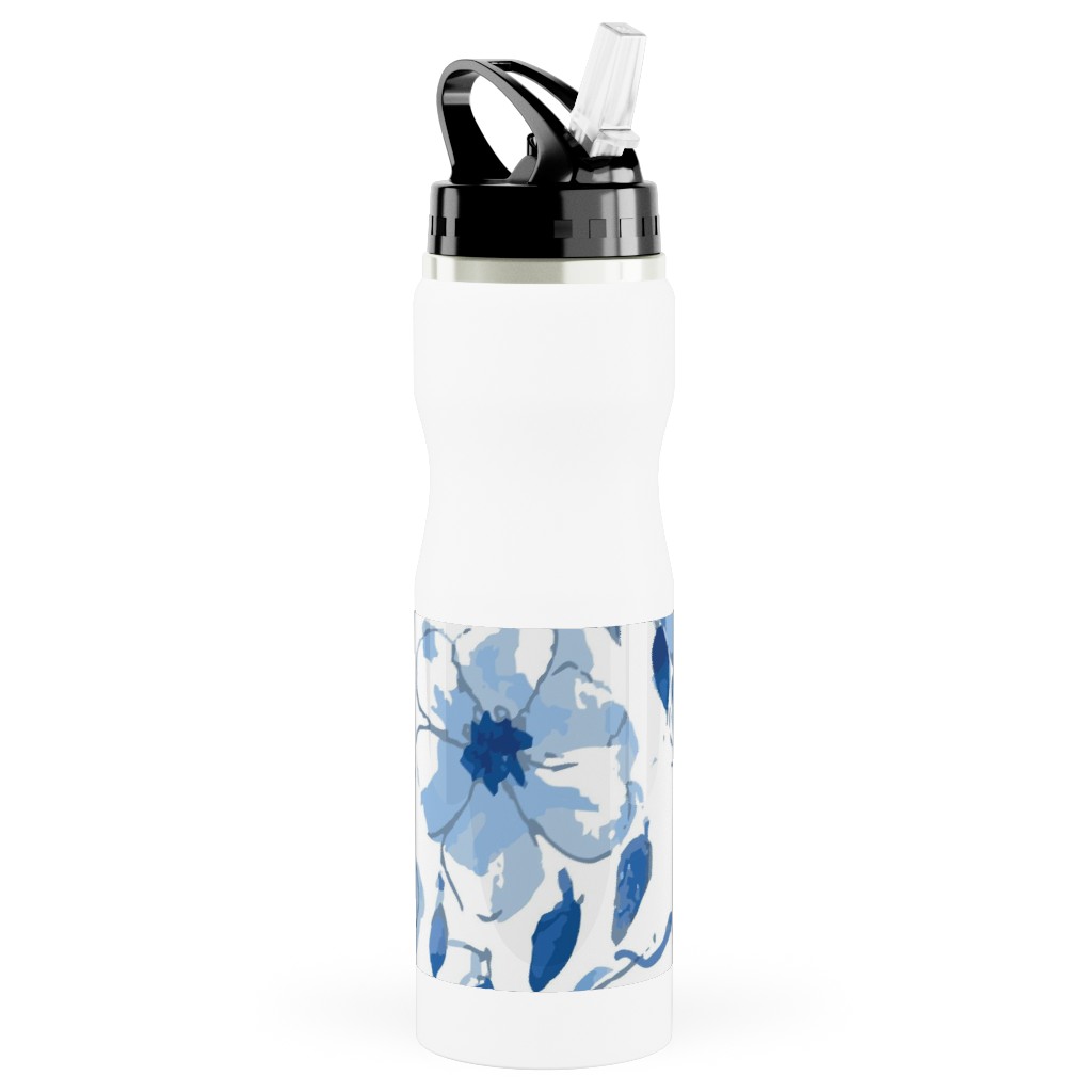 the Flow of the Garden - Blue Stainless Steel Water Bottle with Straw, 25oz, With Straw, Blue, True Blue