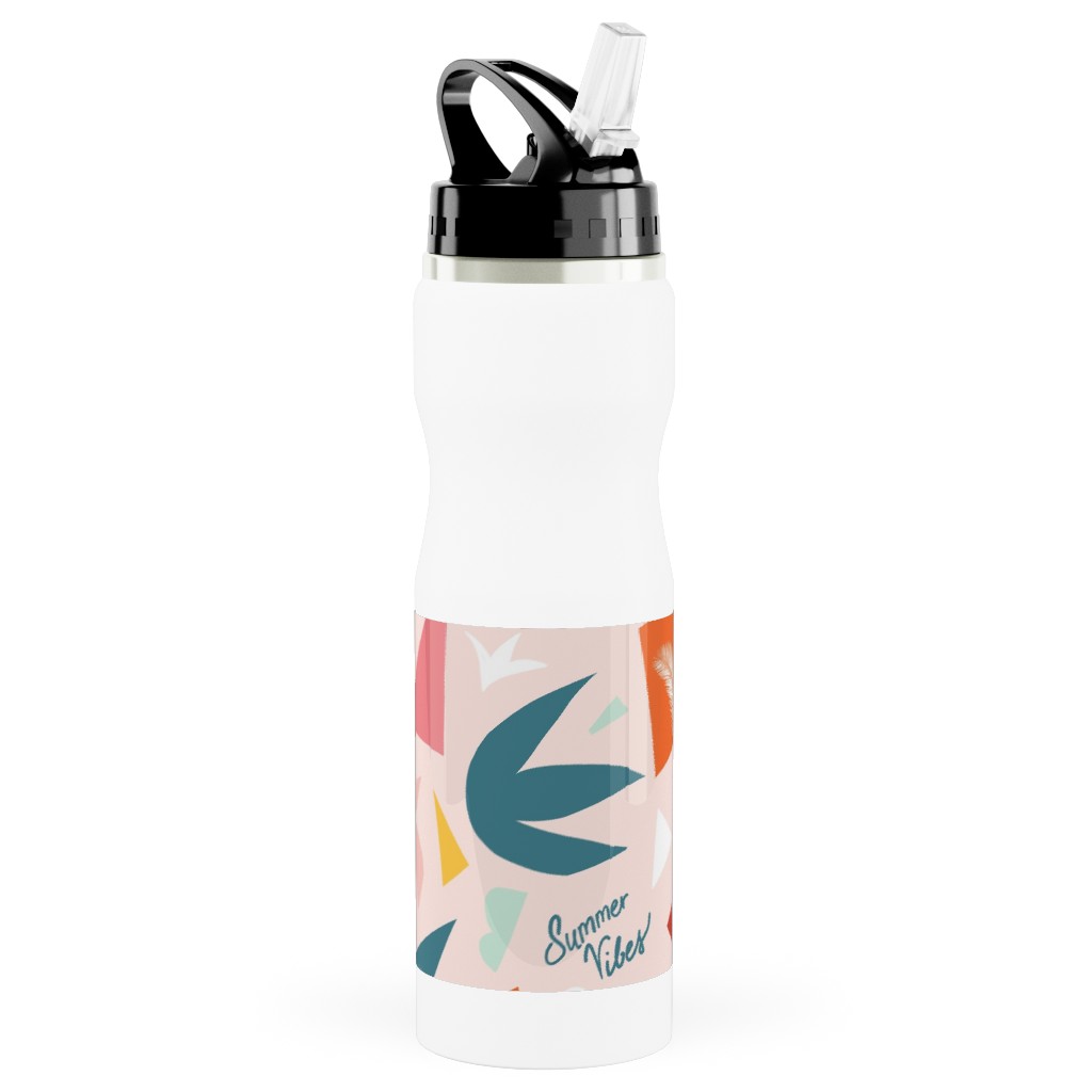 Summer Vibes Collage Stainless Steel Water Bottle with Straw, 25oz, With Straw, Pink, Bright Pink