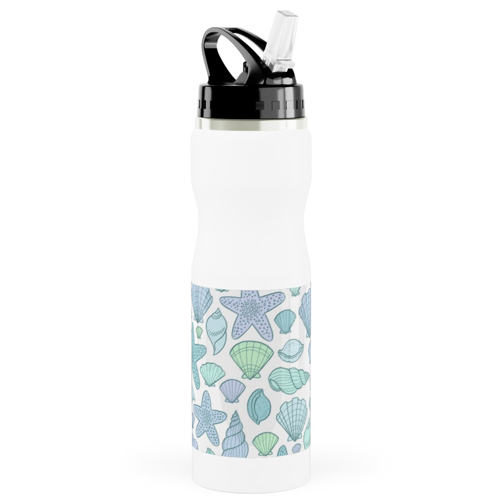 Seashells - Cool Blues Stainless Steel Water Bottle with Straw, 25oz, With Straw, Blue