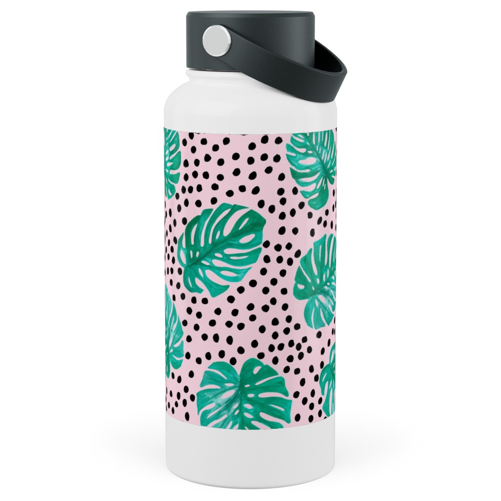 Tropical Monstera - Pink Stainless Steel Wide Mouth Water Bottle, 30oz, Wide Mouth, Pink