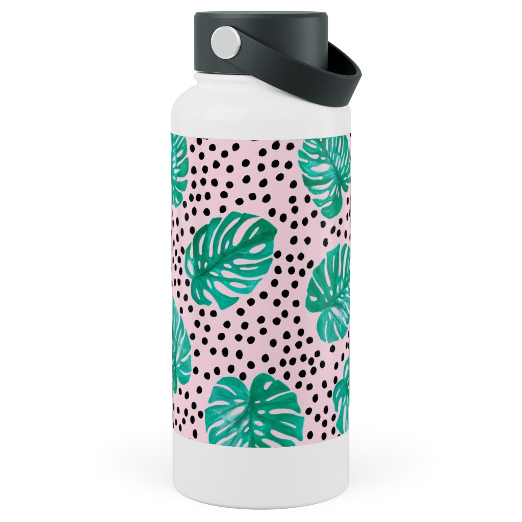Tropical Monstera - Pink Stainless Steel Wide Mouth Water Bottle, 30oz, Wide Mouth, Pink, Bright Pink