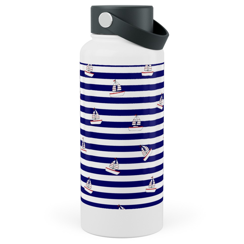 Sea and Boats Stripes - Blue Stainless Steel Wide Mouth Water Bottle, 30oz, Wide Mouth, Blue, True Blue