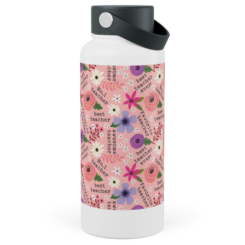 Pretty Best Teacher - Floral - Pink Stainless Steel Wide Mouth Water Bottle, 30oz, Wide Mouth, Pink