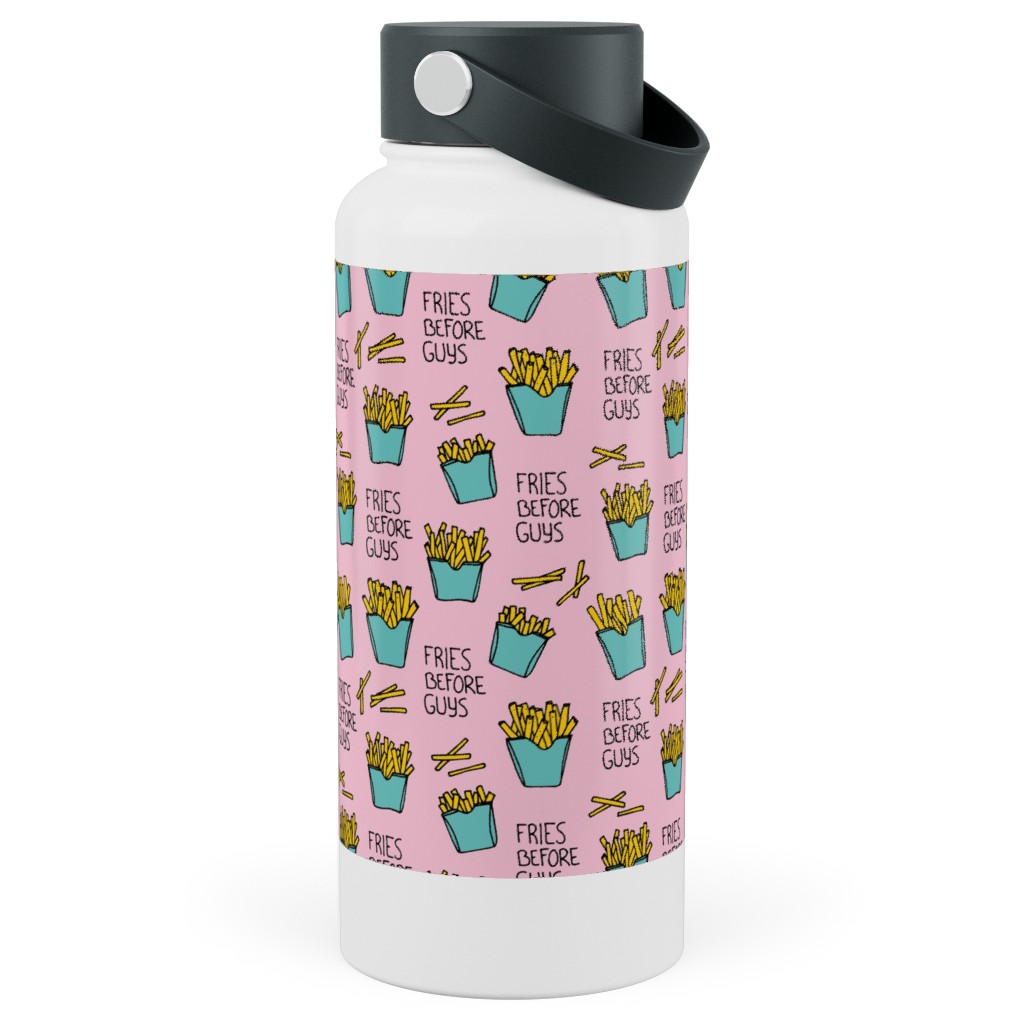 Fries Before Guys - Pop Art Food - Yellow Mint Pink Stainless Steel Wide Mouth Water Bottle, 30oz, Wide Mouth, Pink, Bright Pink