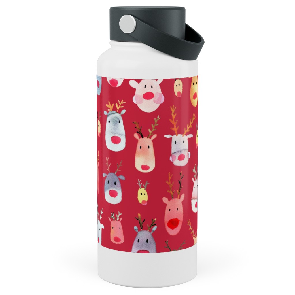 Rudolph Reindeers Stainless Steel Wide Mouth Water Bottle, 30oz, Wide Mouth, Red, Apple