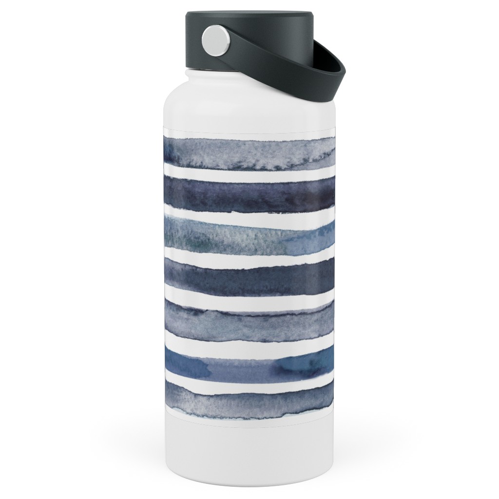 Watercolor Stripes - Blue Stainless Steel Wide Mouth Water Bottle, 30oz, Wide Mouth, Blue