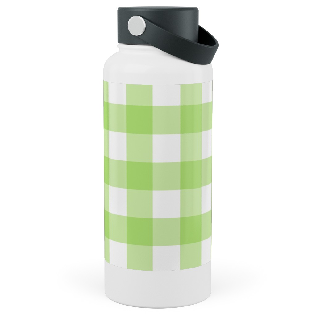 Gingham Checks Stainless Steel Wide Mouth Water Bottle, 30oz, Wide Mouth, Green, Pear
