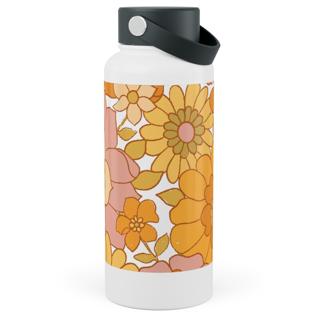 Avery Retro Floral Stainless Steel Wide Mouth Water Bottle, 30oz, Wide Mouth, Orange, Marigold