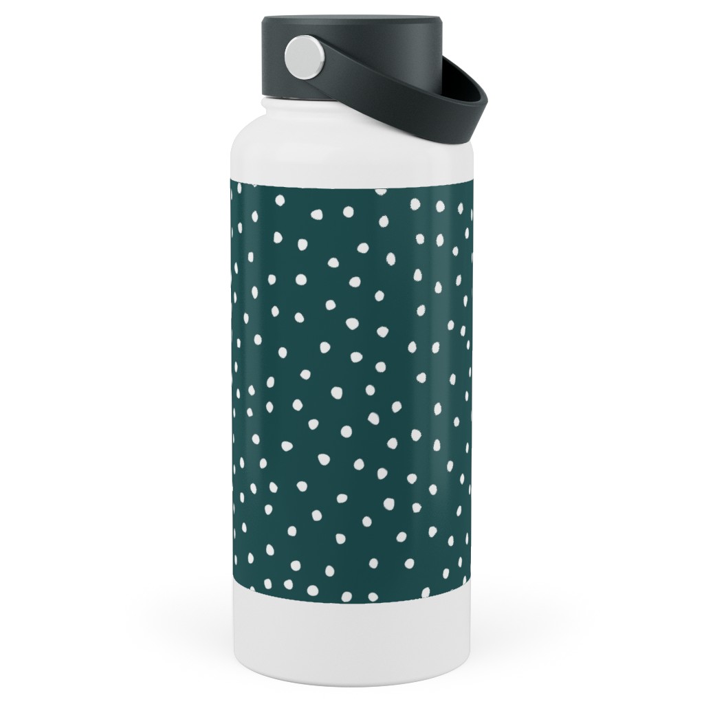 Dots - White on Emerald Stainless Steel Wide Mouth Water Bottle, 30oz, Wide Mouth, Green, Classic Green