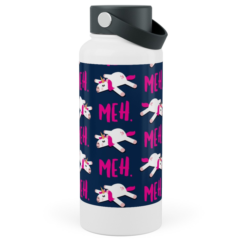 Meh - Splooting Unicorns - Pink on Navy Stainless Steel Wide Mouth Water Bottle, 30oz, Wide Mouth, Pink, Bright Pink