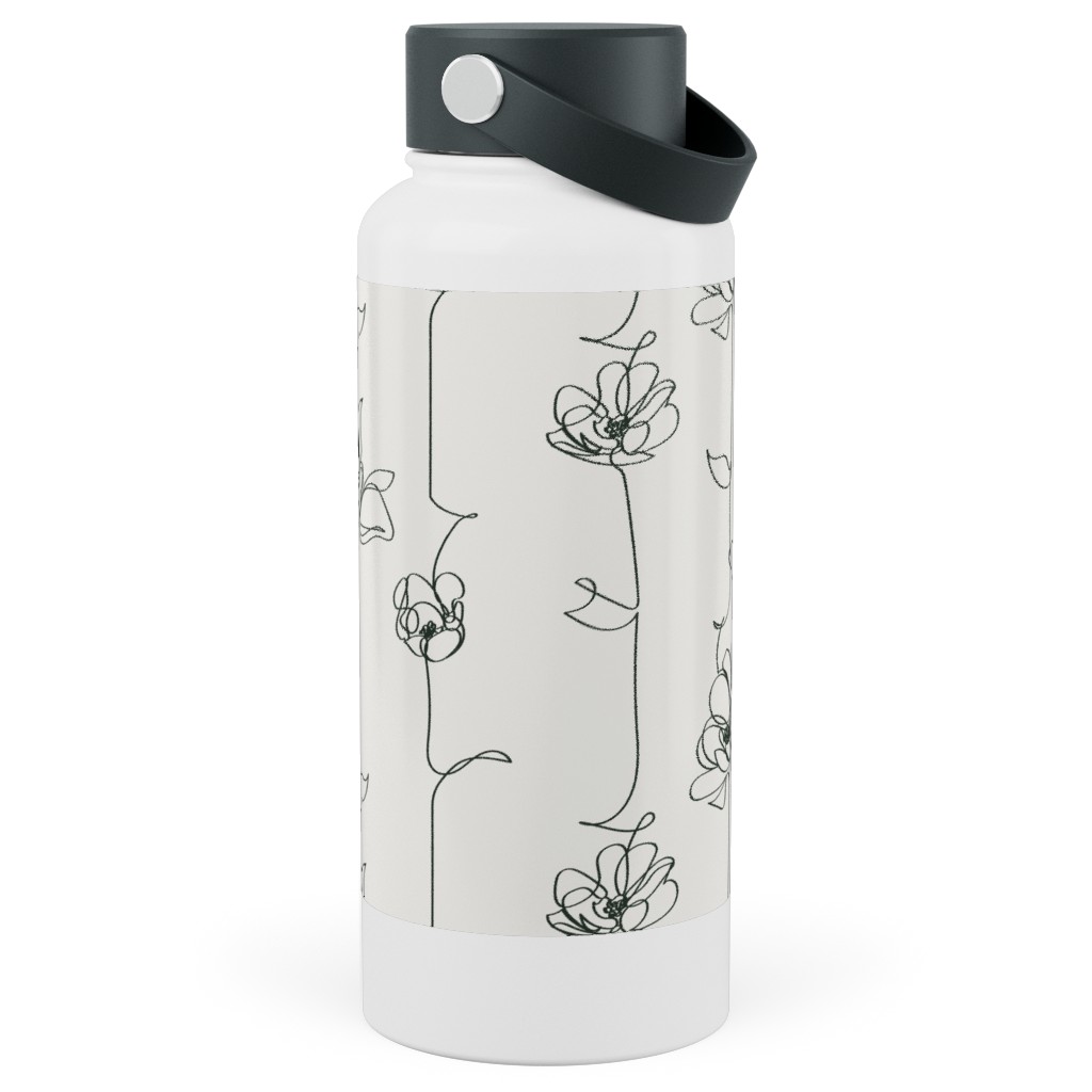 One Line Floral - Light Stainless Steel Wide Mouth Water Bottle, 30oz, Wide Mouth, White, White