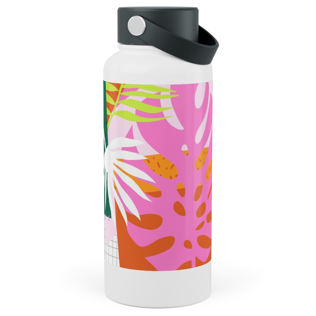 Palm Leaves Patchwork Summer Collage - Multi Stainless Steel Wide Mouth Water Bottle, 30oz, Wide Mouth, Multicolor
