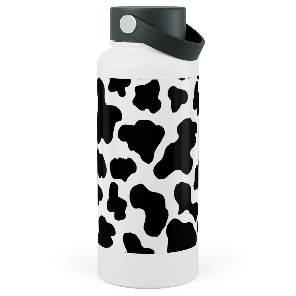 Cow Print - Black and White Stainless Steel Wide Mouth Water Bottle, 30oz, Wide Mouth, Black