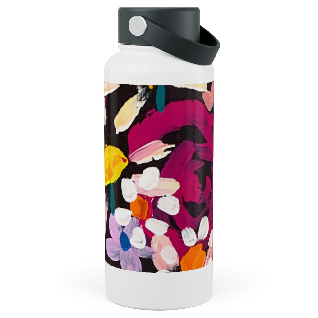 Summer Soiree Floral - Black Stainless Steel Wide Mouth Water Bottle, 30oz, Wide Mouth, Multicolor