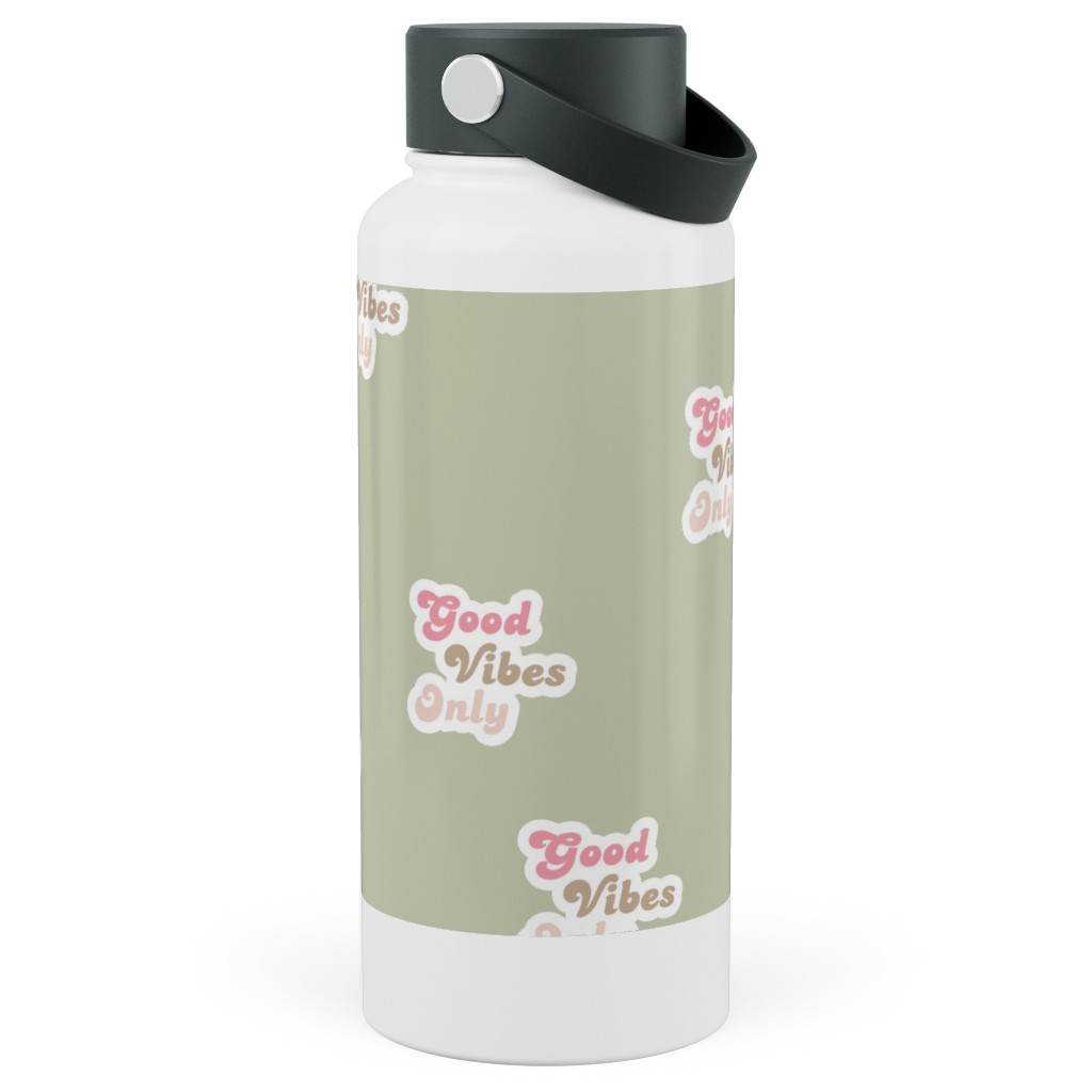 Seventies Retro Good Vibes Only Stainless Steel Wide Mouth Water Bottle, 30oz, Wide Mouth, Green