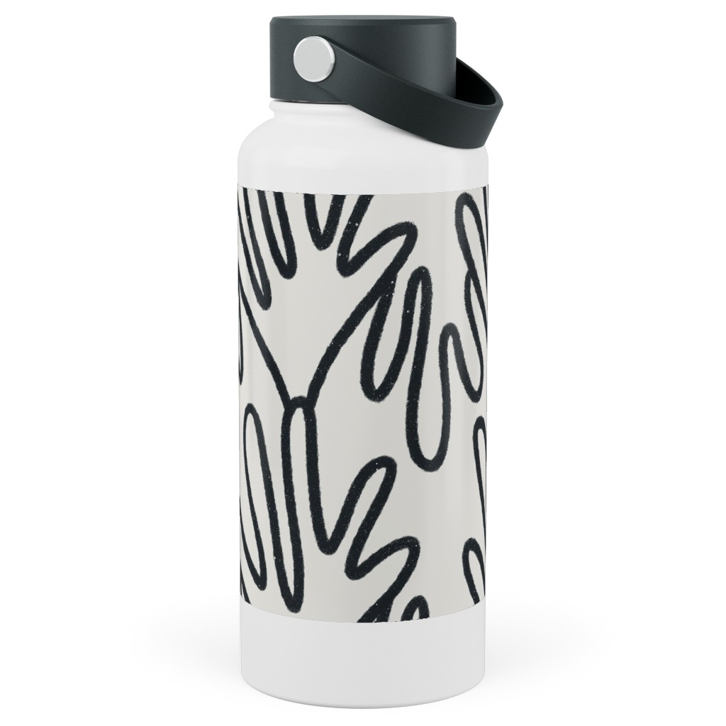 Wavy Lines - Black on White Stainless Steel Wide Mouth Water Bottle, 30oz, Wide Mouth, White