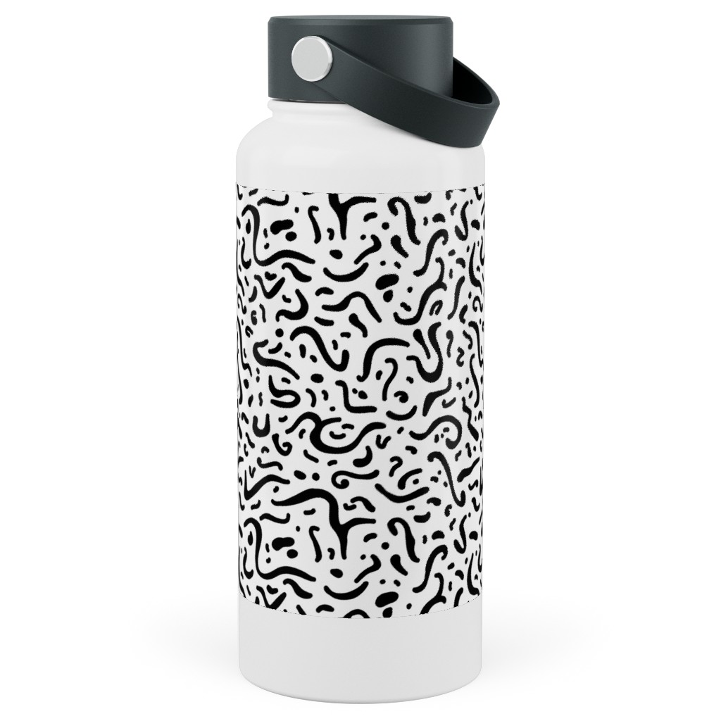 Squiggly - Black and White Stainless Steel Wide Mouth Water Bottle, 30oz, Wide Mouth, Black, Black