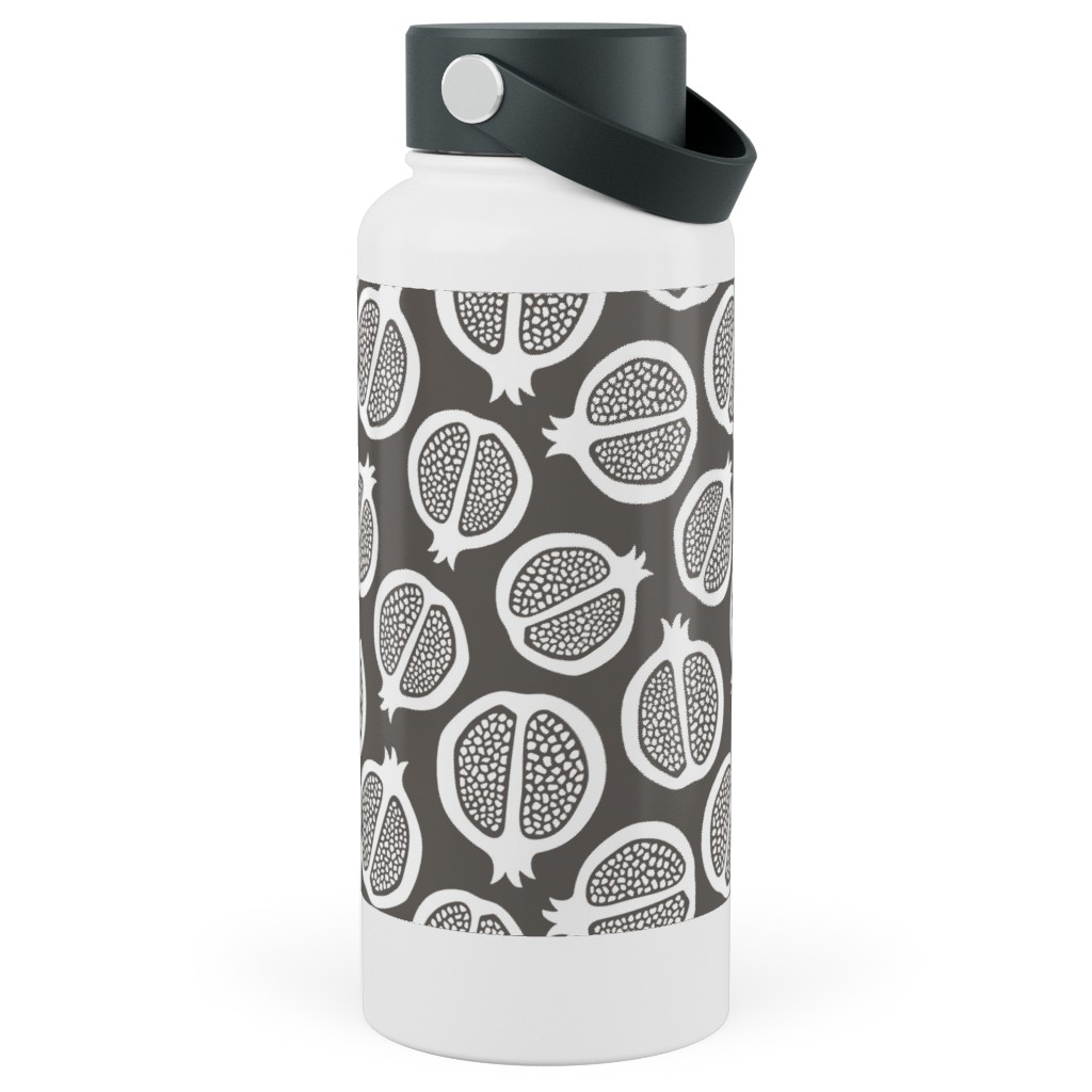 Pomegranate - Black & White Stainless Steel Wide Mouth Water Bottle, 30oz, Wide Mouth, Gray, Gray